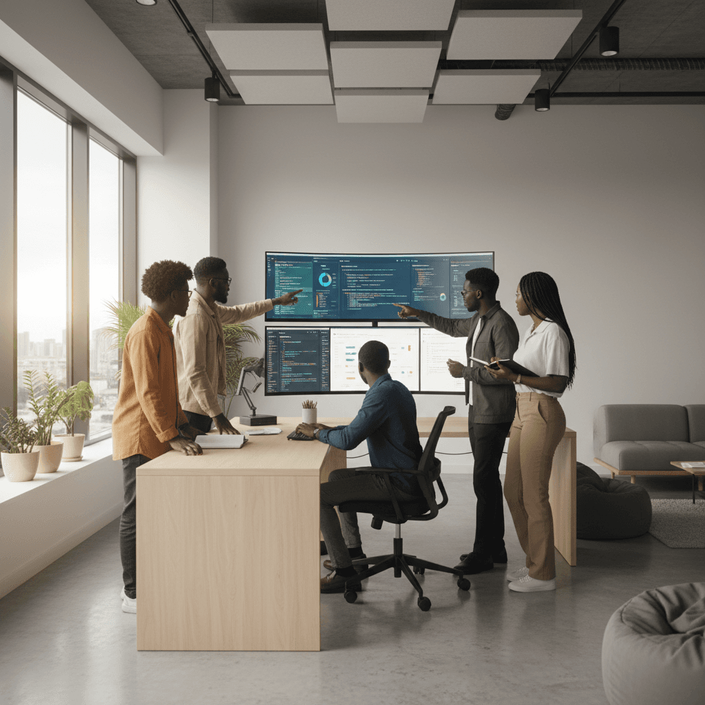 A team reviewing an insurance analytics dashboard on a wall display