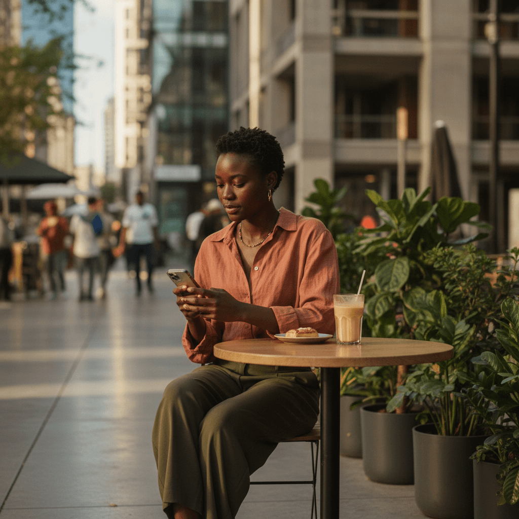 A woman checking her phone at an outdoor café table