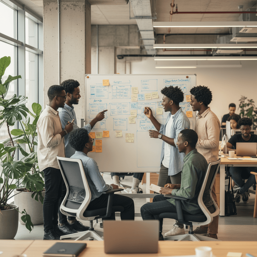 The RedPear team collaborating around a whiteboard