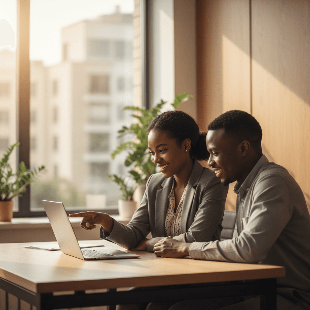 Two colleagues working together at a laptop