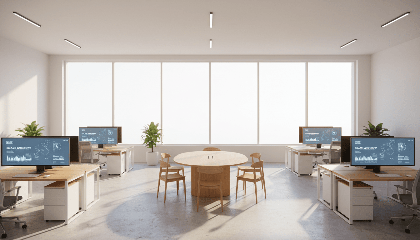 A bright open-plan office with workstations around a round meeting table