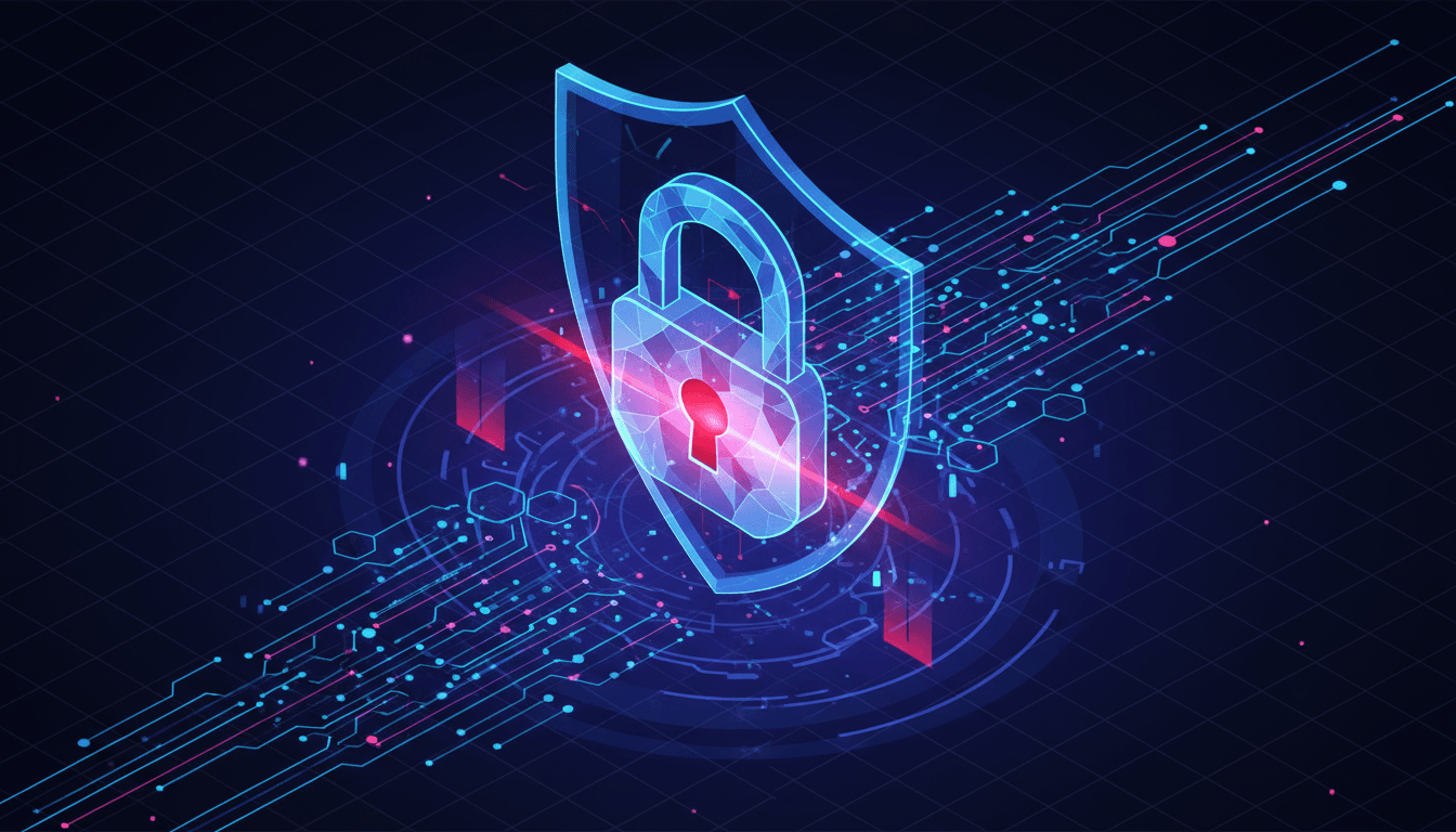 A glowing padlock inside a shield over a network of data pathways