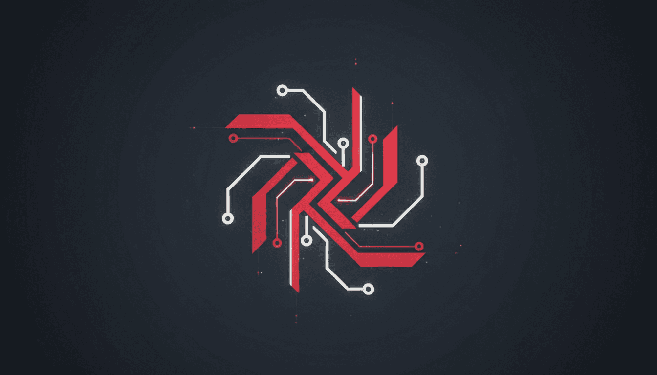 An abstract circuit-board arrow motif in red on a dark background