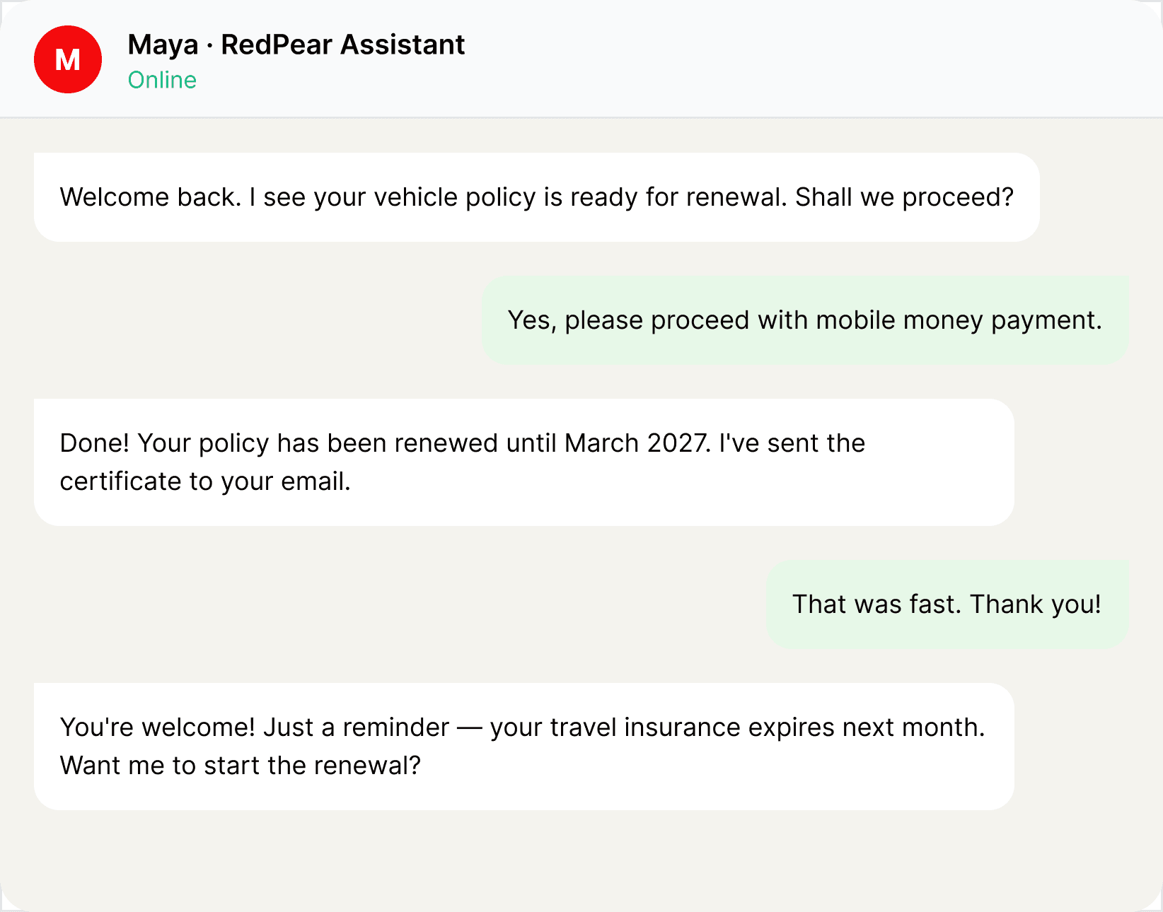 A WhatsApp conversation where the RedPear assistant renews a vehicle policy and confirms payment