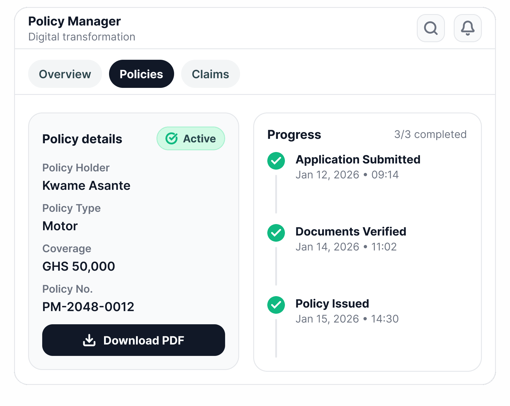 A Policy Manager screen showing an active motor policy beside a three-step progress tracker, all steps complete