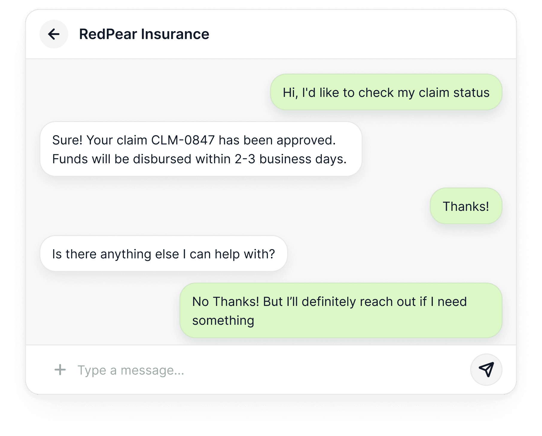 A RedPear Insurance chat thread confirming that claim CLM-0847 is approved and funds arrive in two to three business days